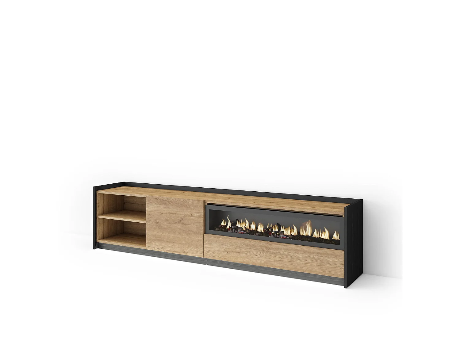 TV-Schrank, Lowboard, 207x50x37 cm, Für TV-Geräte bis zu 80", Elektrokamin., LED, Eiche Schwarz