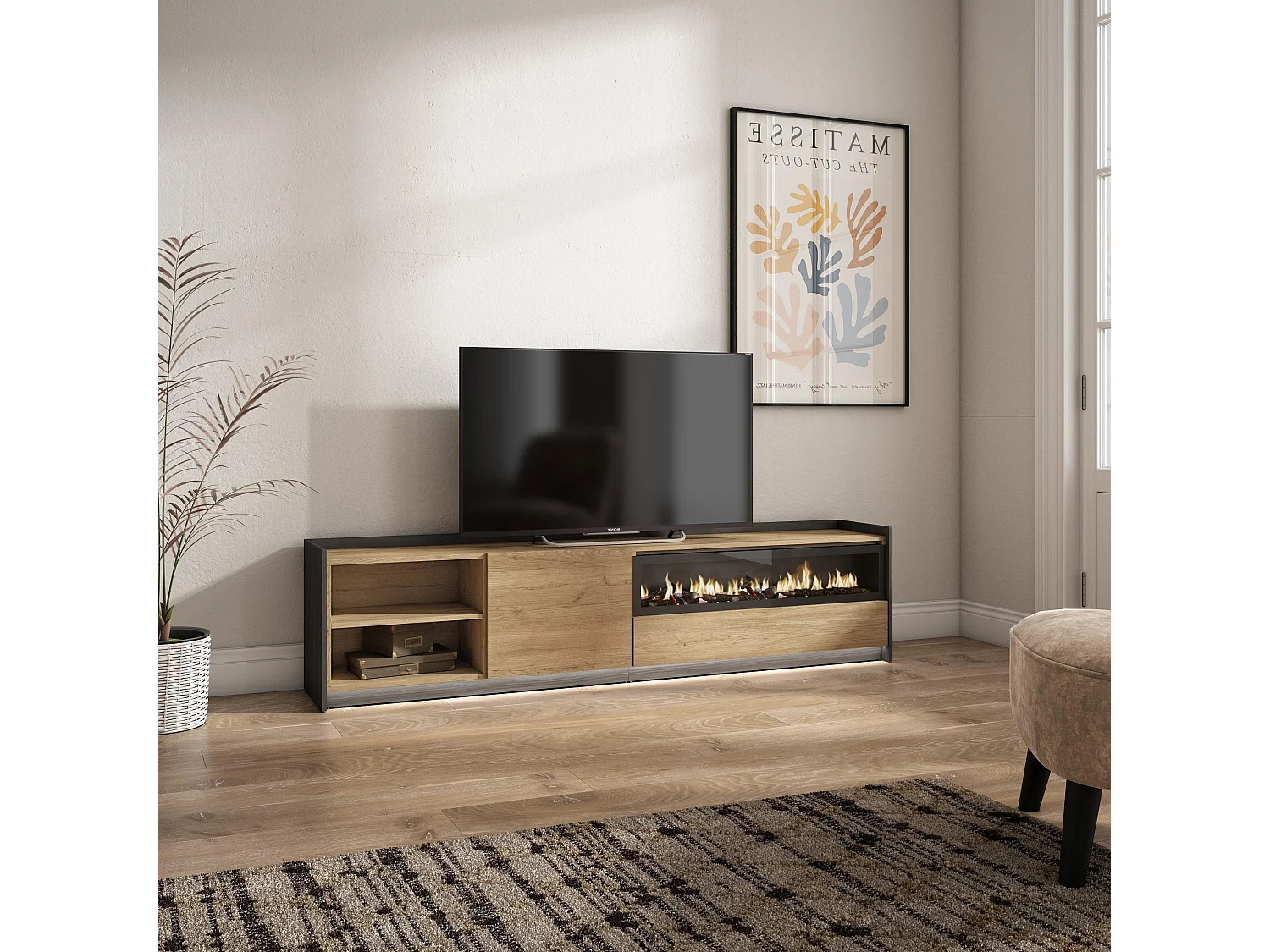 TV-Schrank, Lowboard, 207x50x37 cm, Für TV-Geräte bis zu 80", Elektrokamin., LED, Eiche Schwarz