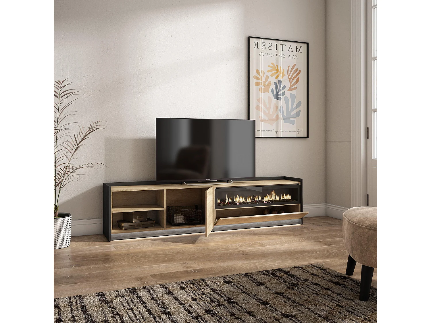 TV-Schrank, Lowboard, 207x50x37 cm, Für TV-Geräte bis zu 80", Elektrokamin., LED, Eiche Schwarz