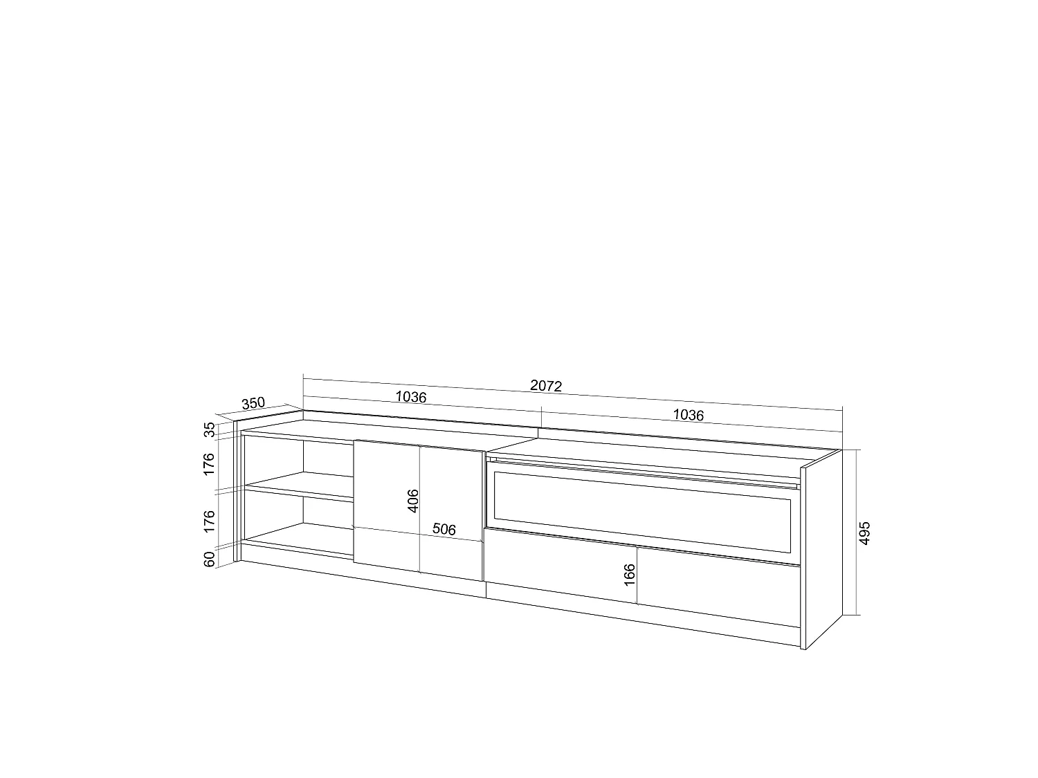 TV-Schrank, Lowboard, 207x50x37 cm, Für TV-Geräte bis zu 80", Elektrokamin., LED, Eiche Schwarz