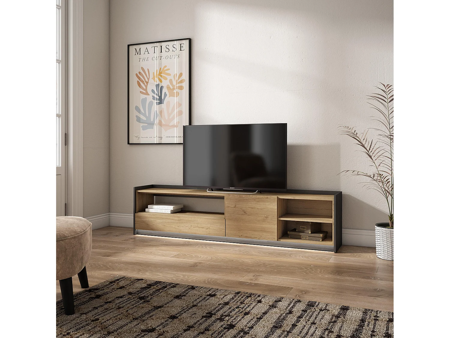 Móvel de TV, 207x50x37 cm, Para televisores até 80", LED, Carvalho e preto
