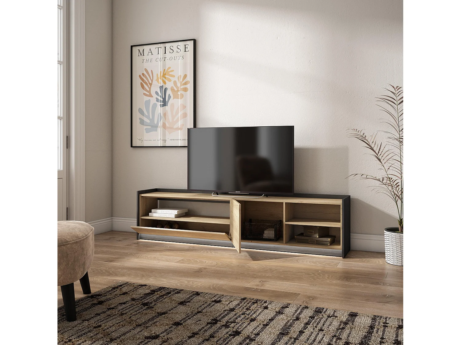 Móvel de TV, 207x50x37 cm, Para televisores até 80", LED, Carvalho e preto