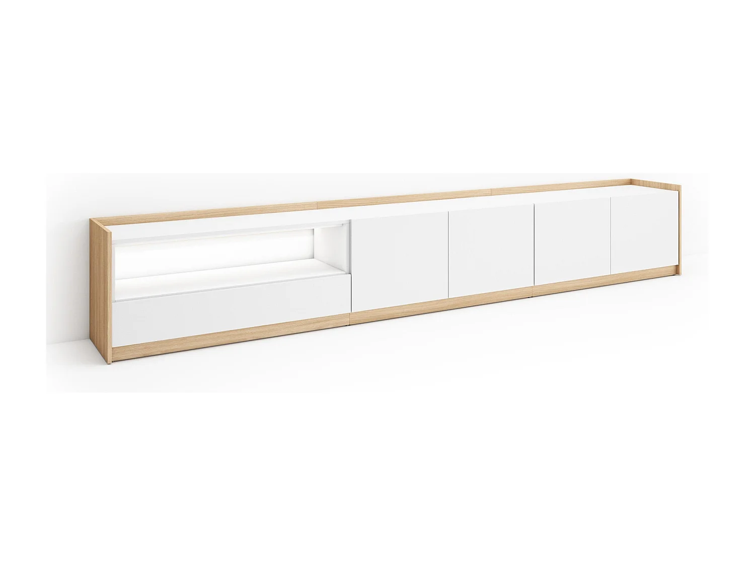 TV-Meubel, Lowboard, 310x50x37 cm, Voor tv's tot 80", LED, Wit en Eiken soft