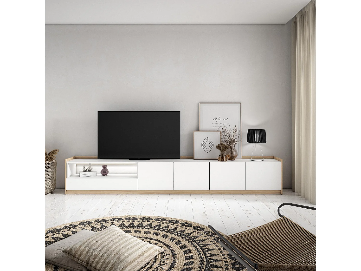 TV-Meubel, Lowboard, 310x50x37 cm, Voor tv's tot 80", LED, Wit en Eiken soft