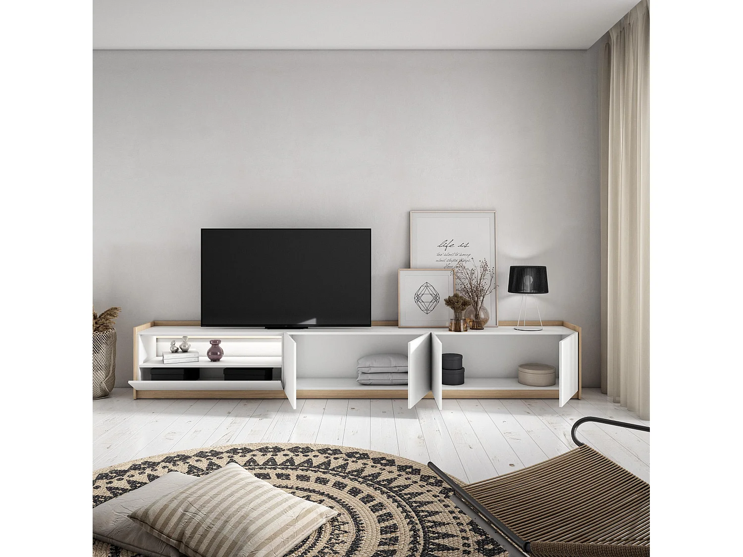 TV-Meubel, Lowboard, 310x50x37 cm, Voor tv's tot 80", LED, Wit en Eiken soft