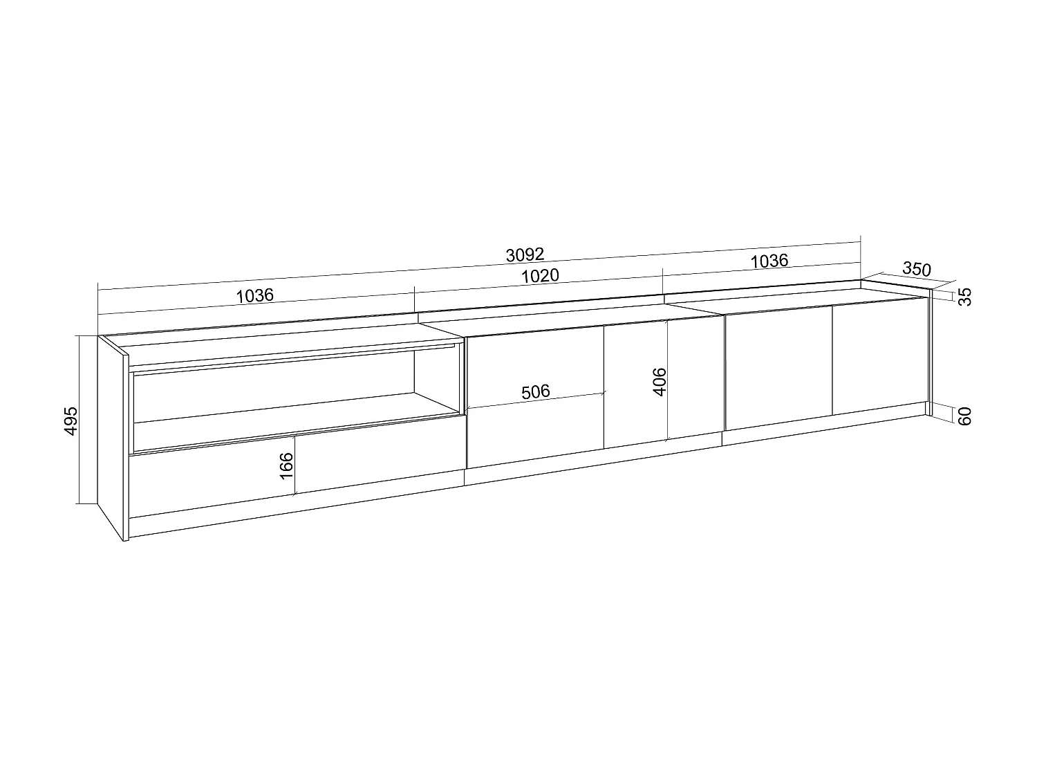 TV-Meubel, Lowboard, 310x50x37 cm, Voor tv's tot 80", LED, Wit en Eiken soft