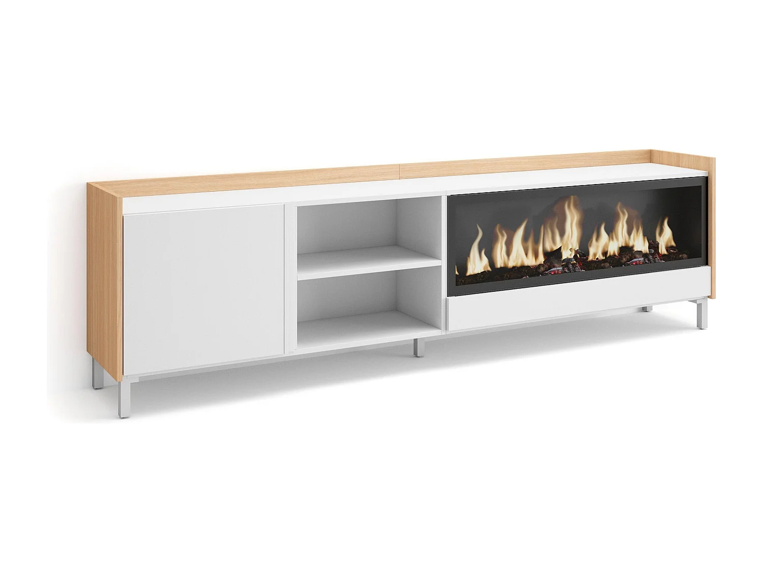 TV-Schrank, Lowboard, 212x61x35 cm, Für TV-Geräte bis zu 80", Elektrokamin XXL, Industriedesign, Weiß und Eiche Soft