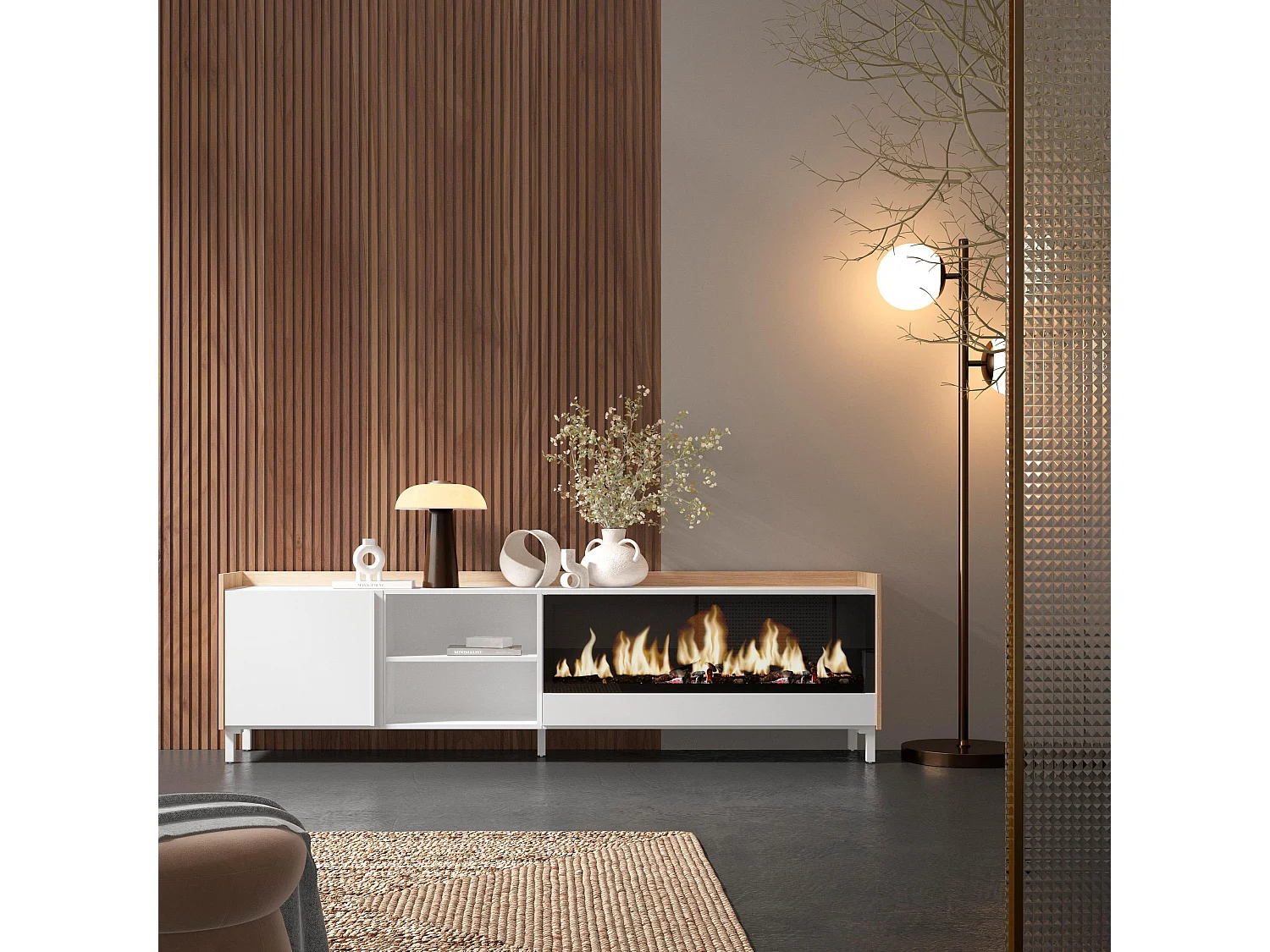 TV-Schrank, Lowboard, 212x61x35 cm, Für TV-Geräte bis zu 80", Elektrokamin XXL, Industriedesign, Weiß und Eiche Soft