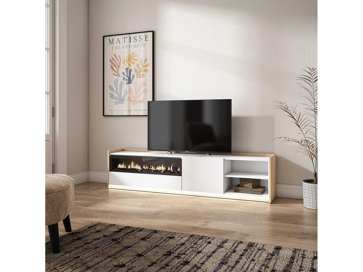 TV-Meubel, Lowboard, 207x50x37 cm, Voor tv's tot 80", Elektrische haard, LED, Wit en Eiken soft