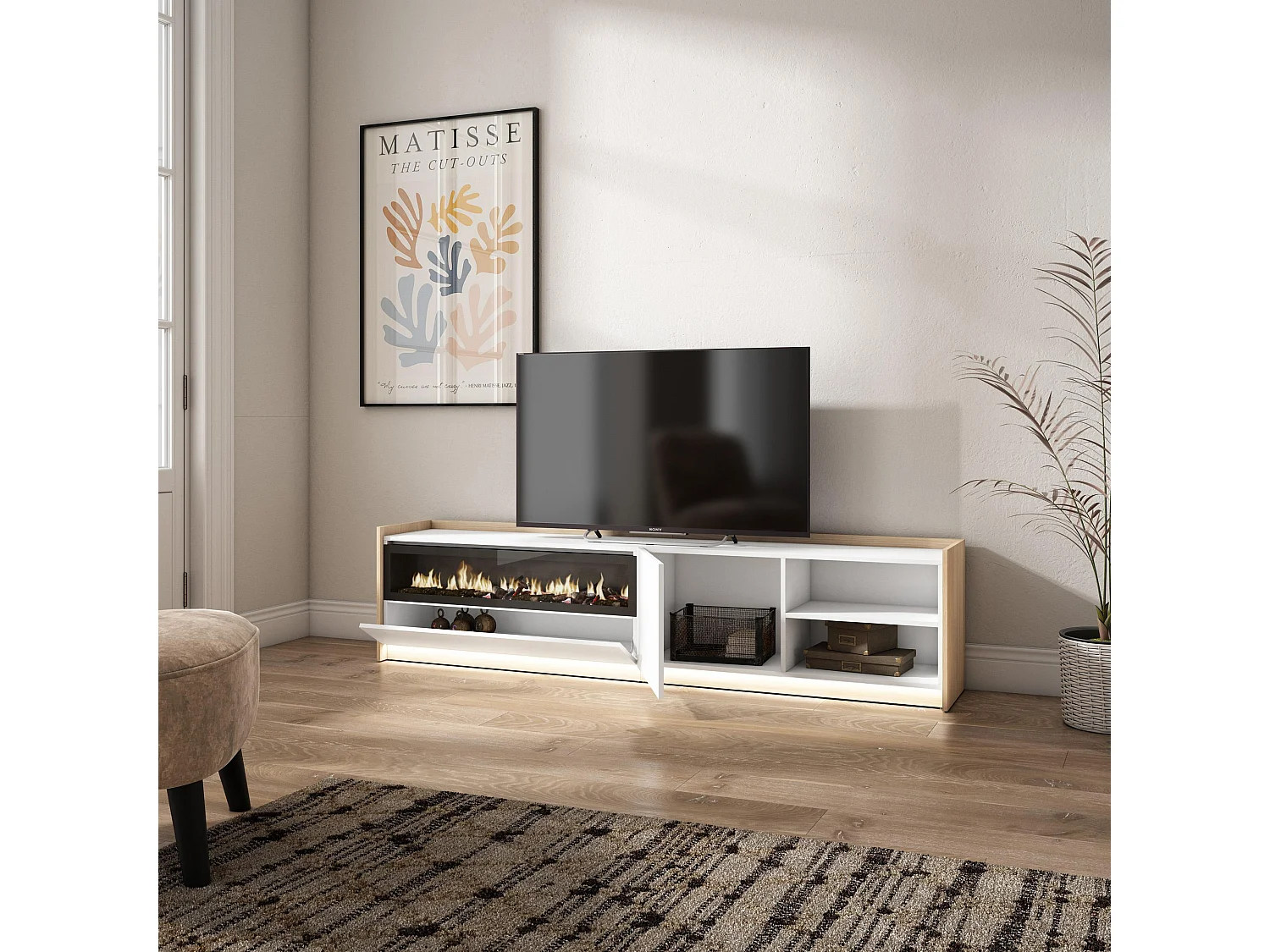 TV-Meubel, Lowboard, 207x50x37 cm, Voor tv's tot 80", Elektrische haard, LED, Wit en Eiken soft