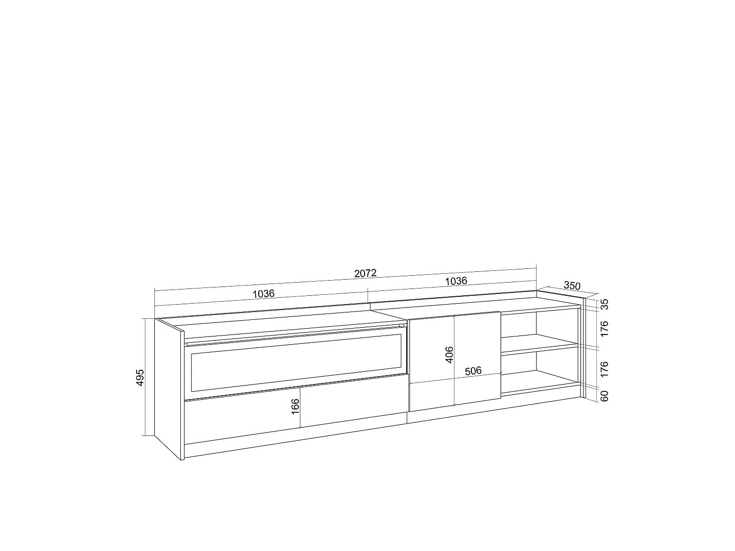 TV-Meubel, Lowboard, 207x50x37 cm, Voor tv's tot 80", Elektrische haard, LED, Wit en Eiken soft