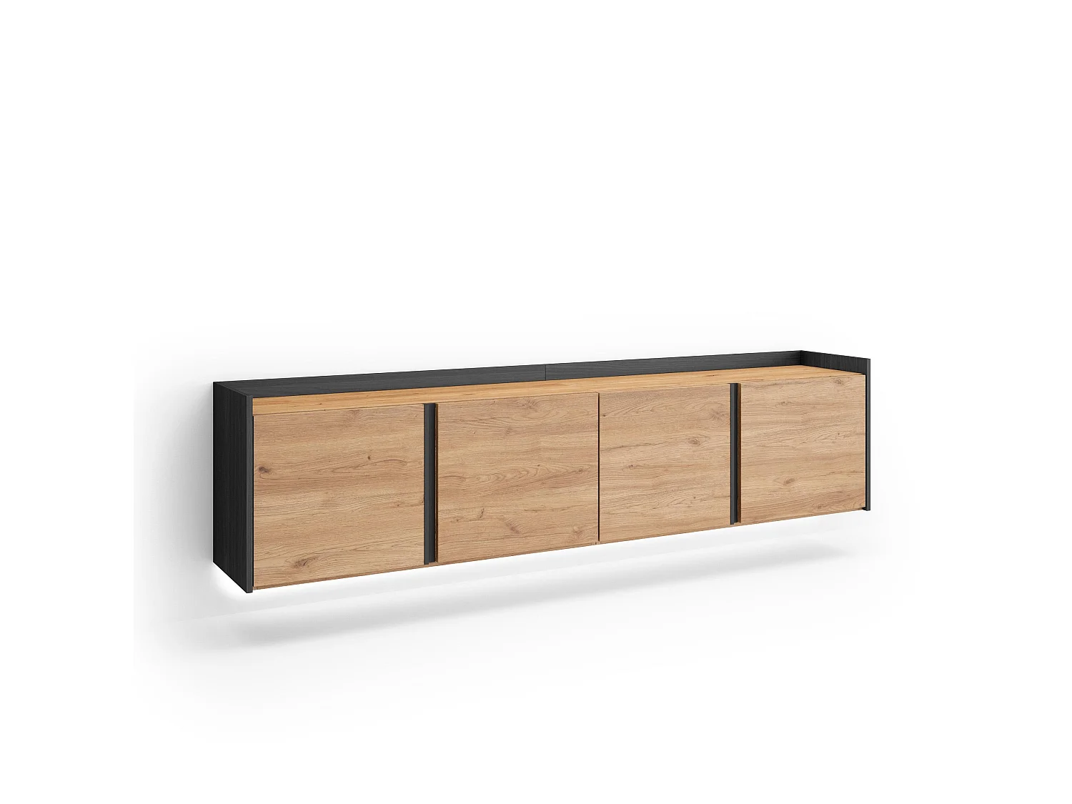 TV-Schrank, Lowboard, 207x50x35 cm, Für TV-Geräte bis zu 80", Hängend, LED, Eiche Schwarz