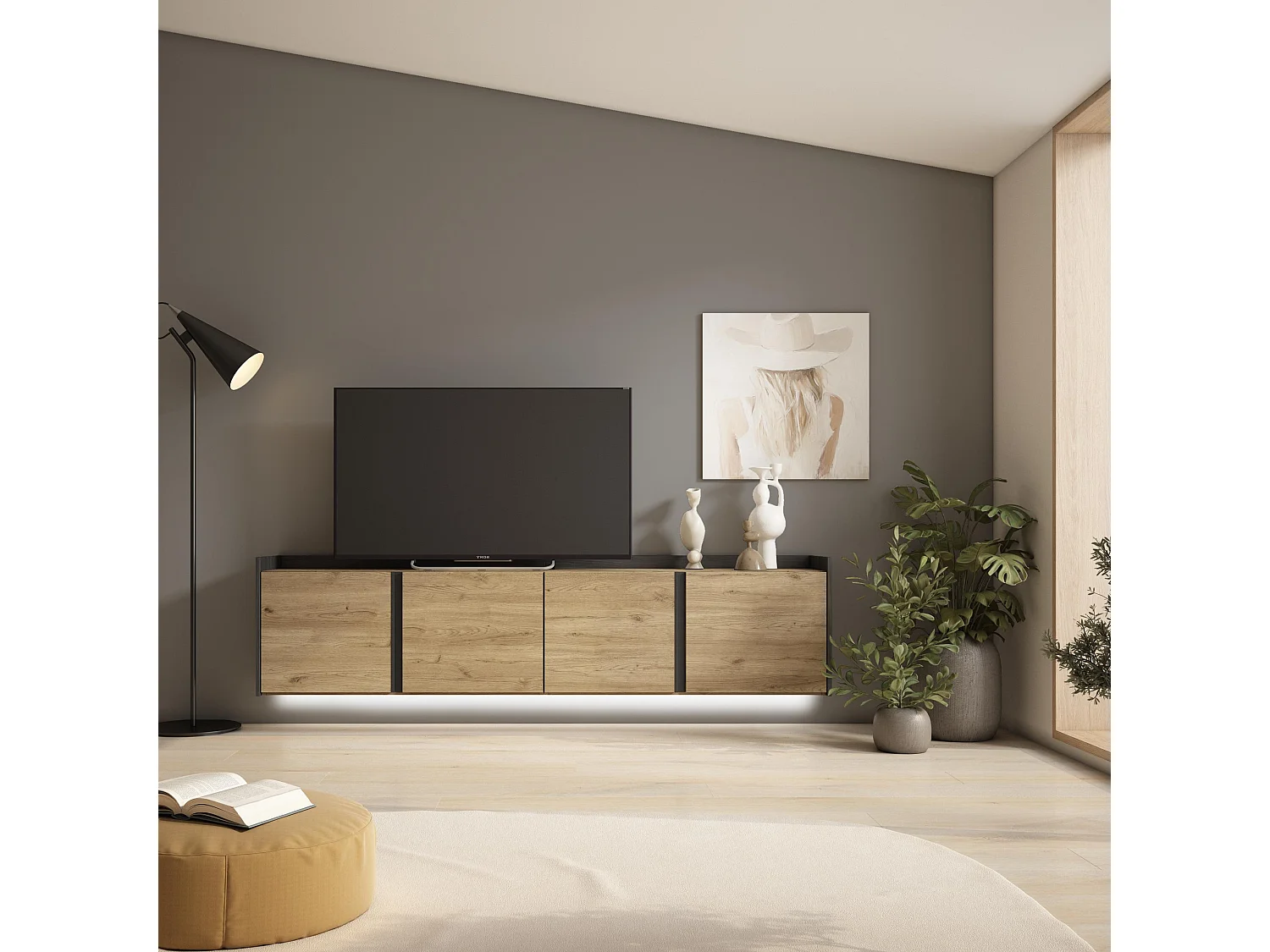 TV-Schrank, Lowboard, 207x50x35 cm, Für TV-Geräte bis zu 80", Hängend, LED, Eiche Schwarz