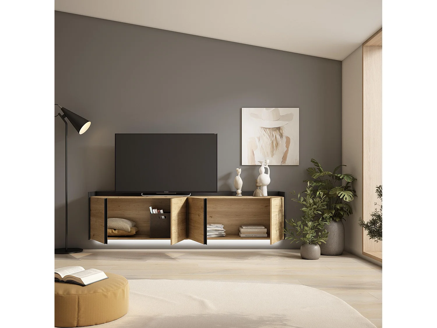 TV-Schrank, Lowboard, 207x50x35 cm, Für TV-Geräte bis zu 80", Hängend, LED, Eiche Schwarz