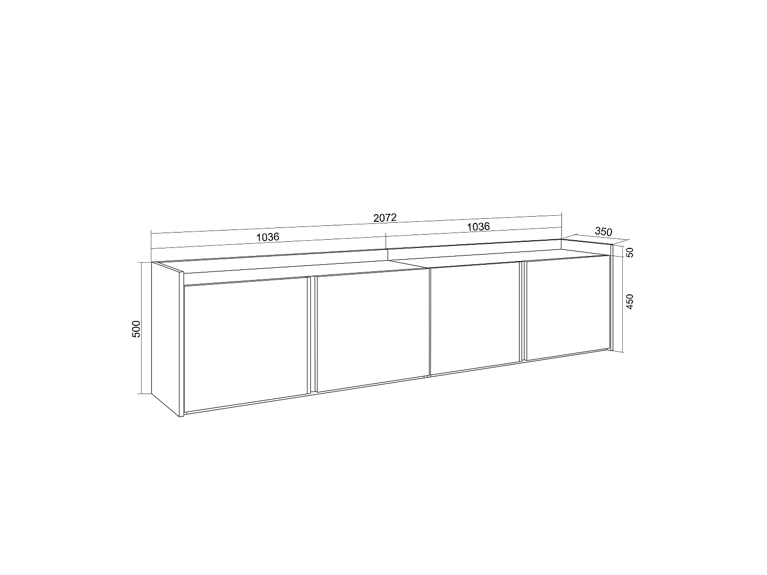 TV-Schrank, Lowboard, 207x50x35 cm, Für TV-Geräte bis zu 80", Hängend, LED, Eiche Schwarz