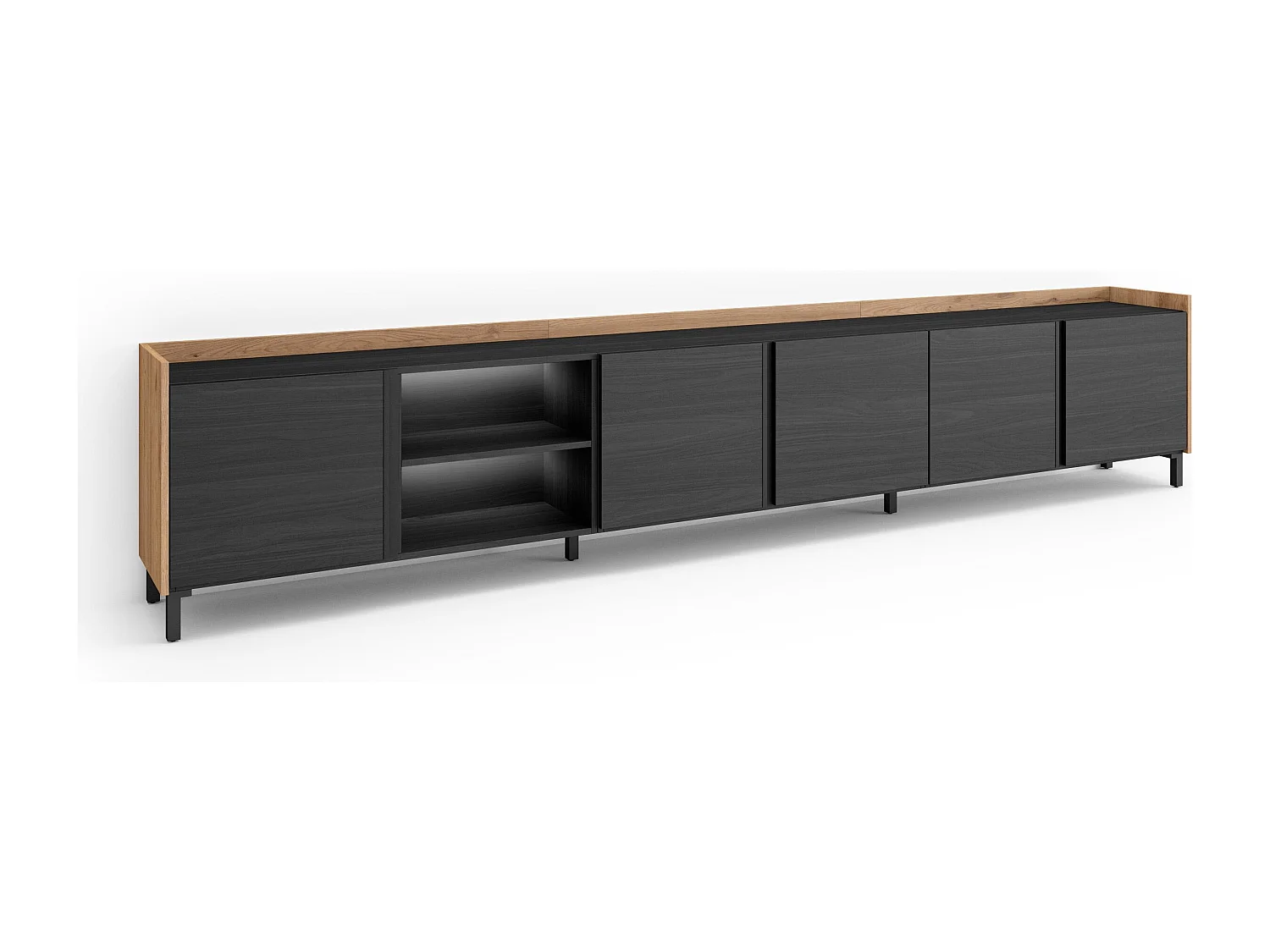 TV-Schrank, Lowboard, 309x61x35 cm, Für TV-Geräte bis zu 80", Industriedesign, LED, Schwarz Eiche