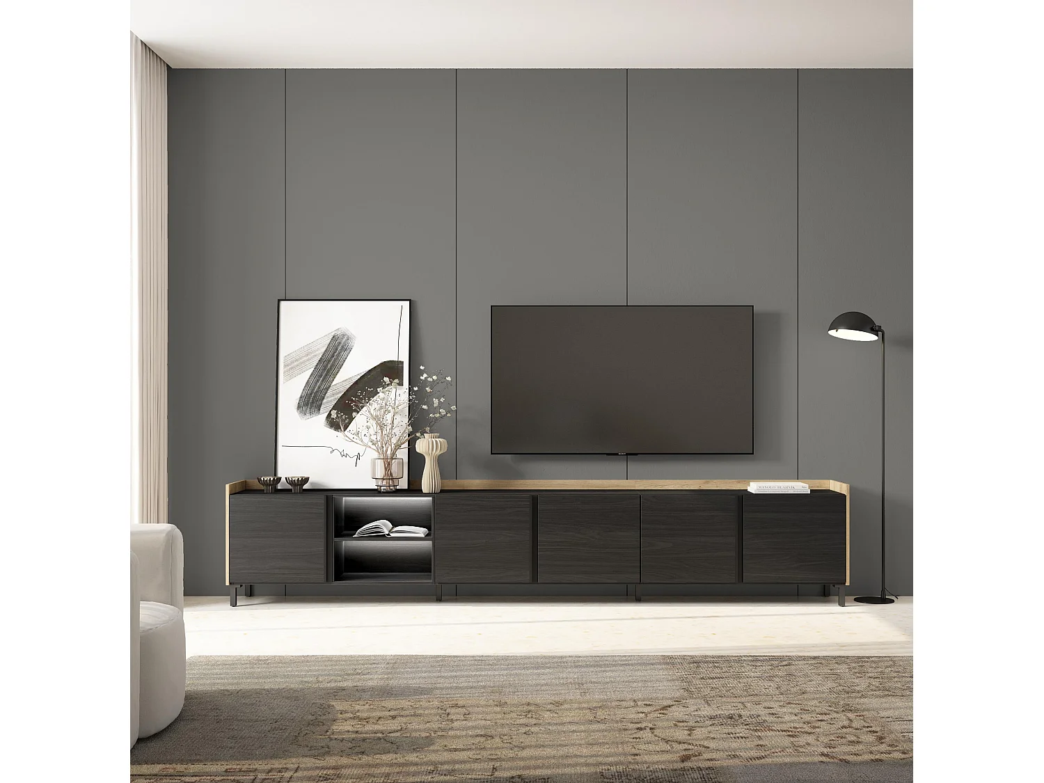 TV-Schrank, Lowboard, 309x61x35 cm, Für TV-Geräte bis zu 80", Industriedesign, LED, Schwarz Eiche