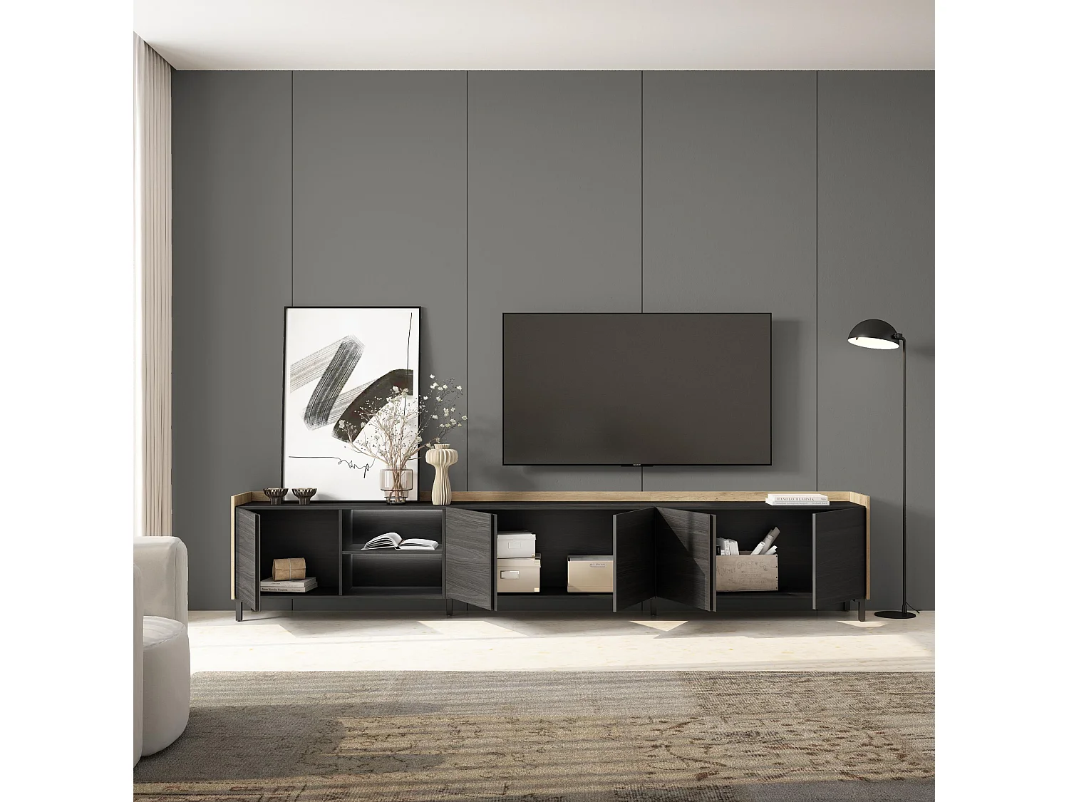 TV-Schrank, Lowboard, 309x61x35 cm, Für TV-Geräte bis zu 80", Industriedesign, LED, Schwarz Eiche