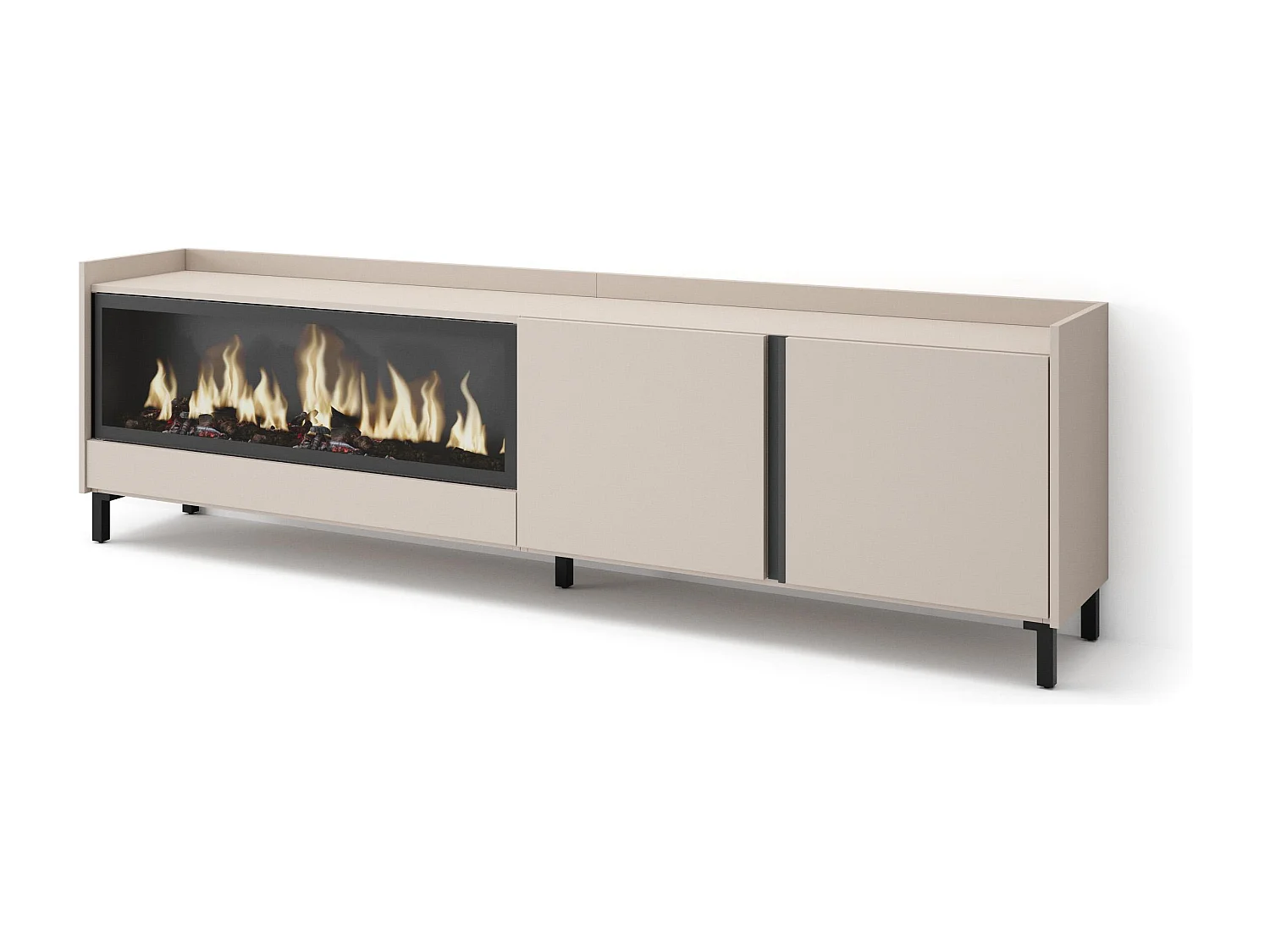 Mueble TV, Televisión, 212x61x35 cm, Para TV hasta 80", Chimenea eléctrica XXL, Diseño industrial, Beige