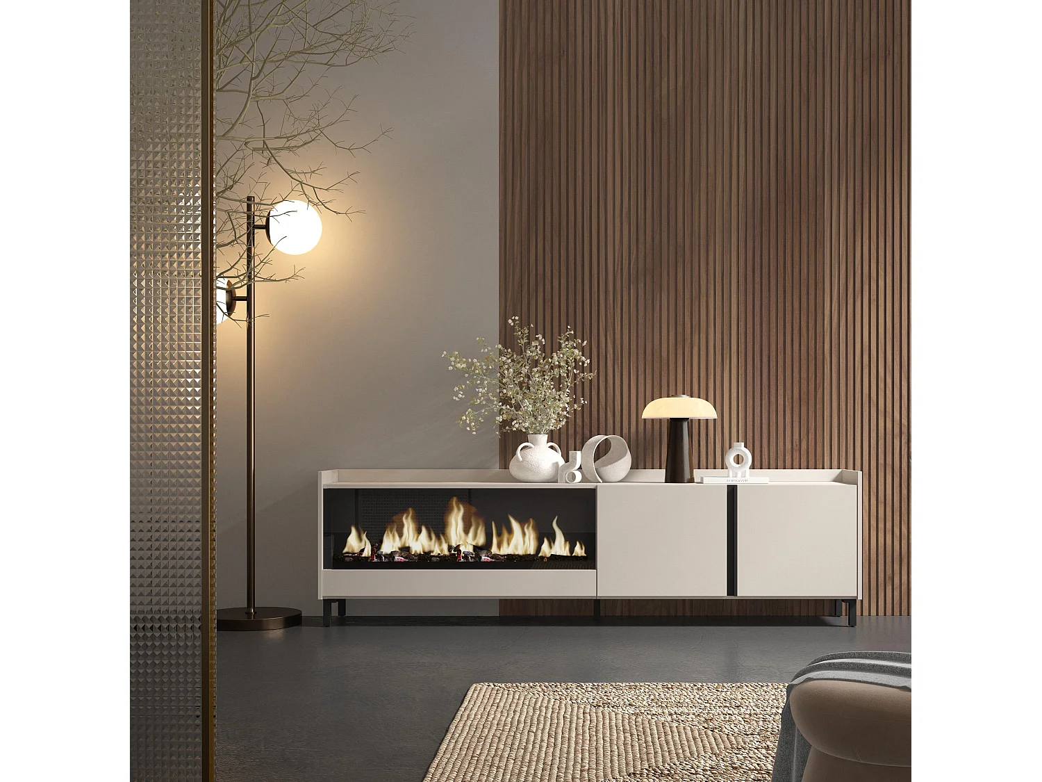 Mueble TV, Televisión, 212x61x35 cm, Para TV hasta 80", Chimenea eléctrica XXL, Diseño industrial, Beige