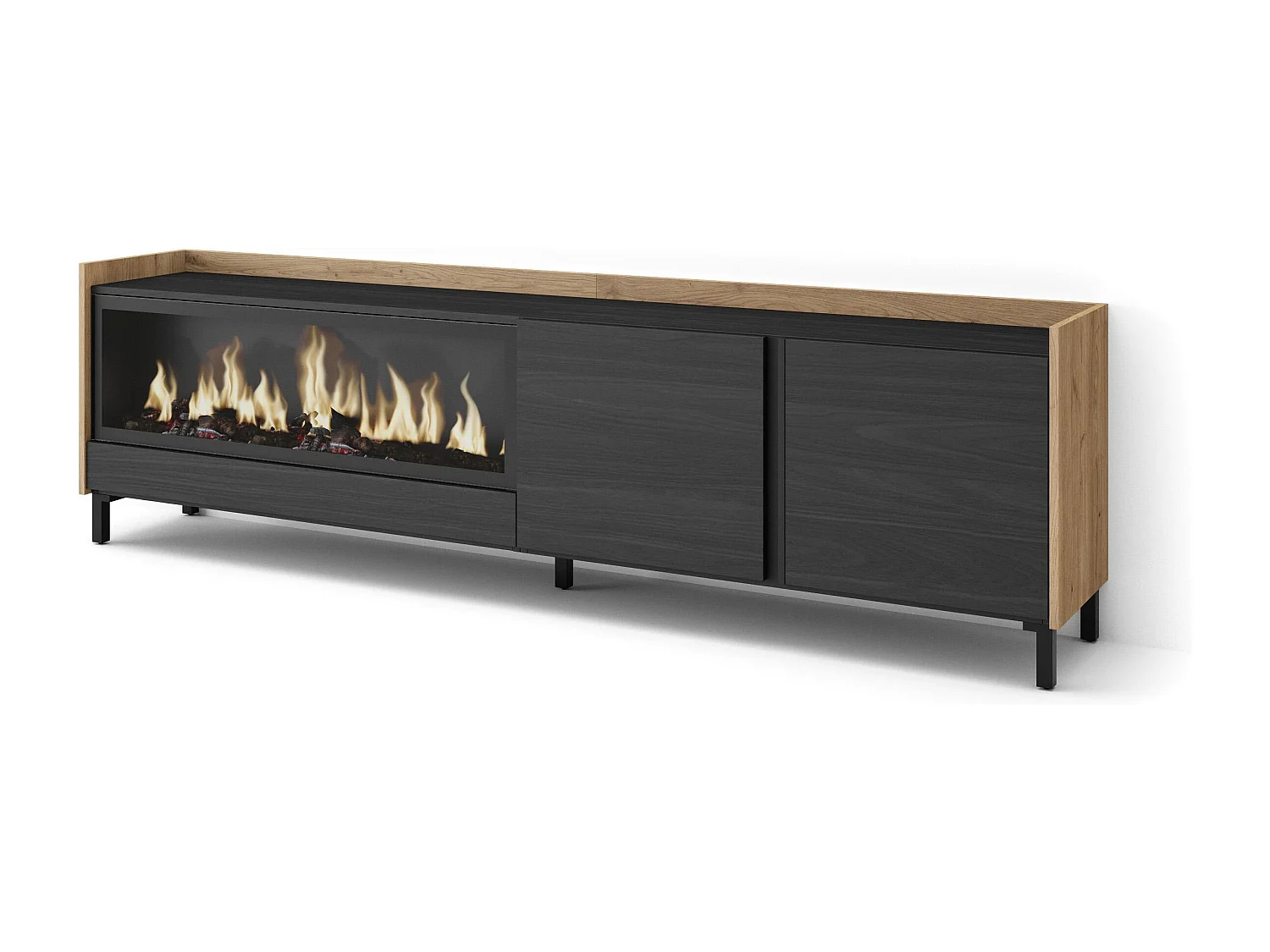 Mueble TV, Televisión, 212x61x35 cm, Para TV hasta 80", Chimenea eléctrica XXL, Diseño industrial, Negro y roble