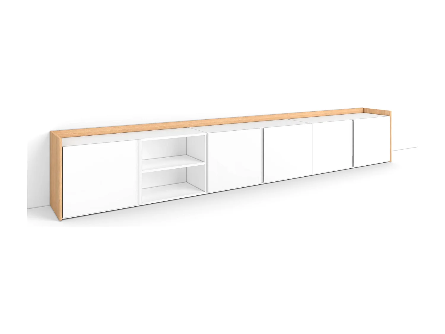 Meuble TV, Banc Télé, 309x50x35 cm, Pour les TV jusqu'à 80", Meubles de salon, Blanc et Chêne Soft