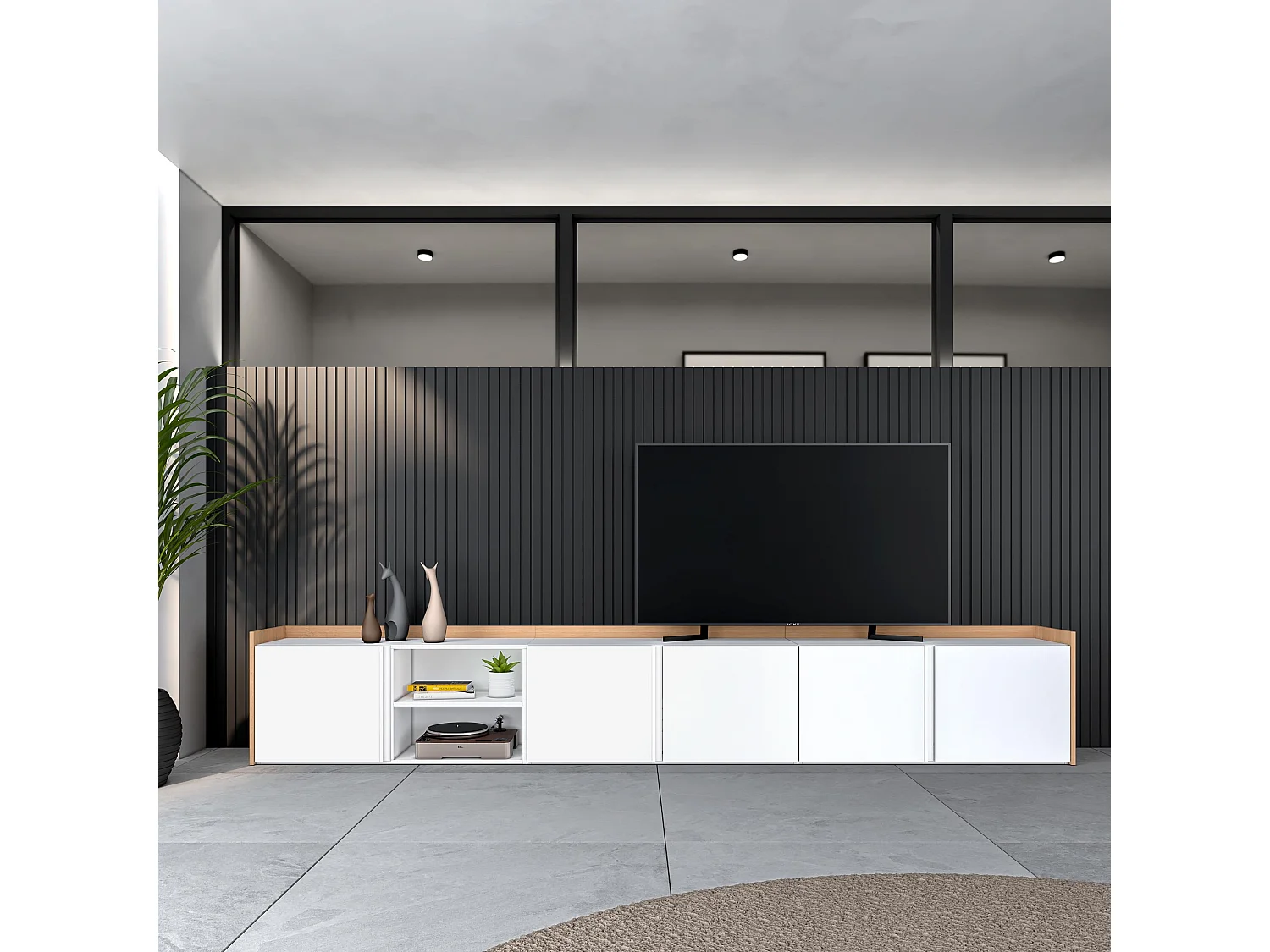Meuble TV, Banc Télé, 309x50x35 cm, Pour les TV jusqu'à 80", Meubles de salon, Blanc et Chêne Soft