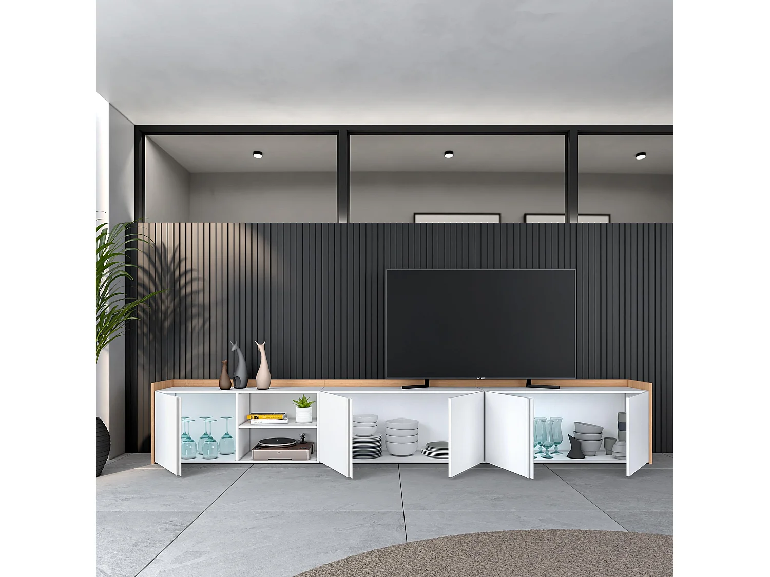 Meuble TV, Banc Télé, 309x50x35 cm, Pour les TV jusqu'à 80", Meubles de salon, Blanc et Chêne Soft