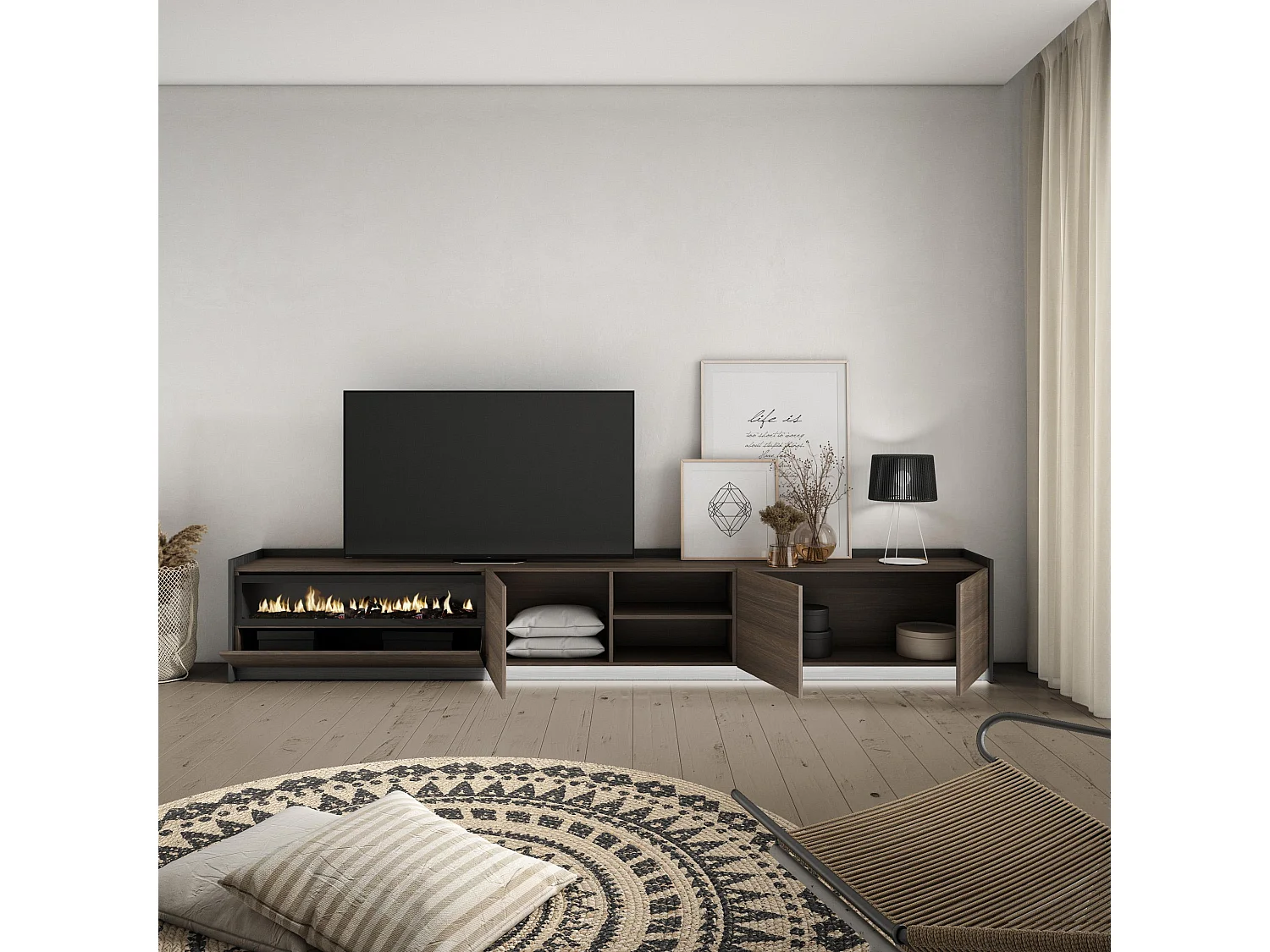 TV-Schrank, Lowboard, 310x50x37 cm, Für TV-Geräte bis zu 80", Elektrokamin., LED, Dunkler Eiche und Schwarz