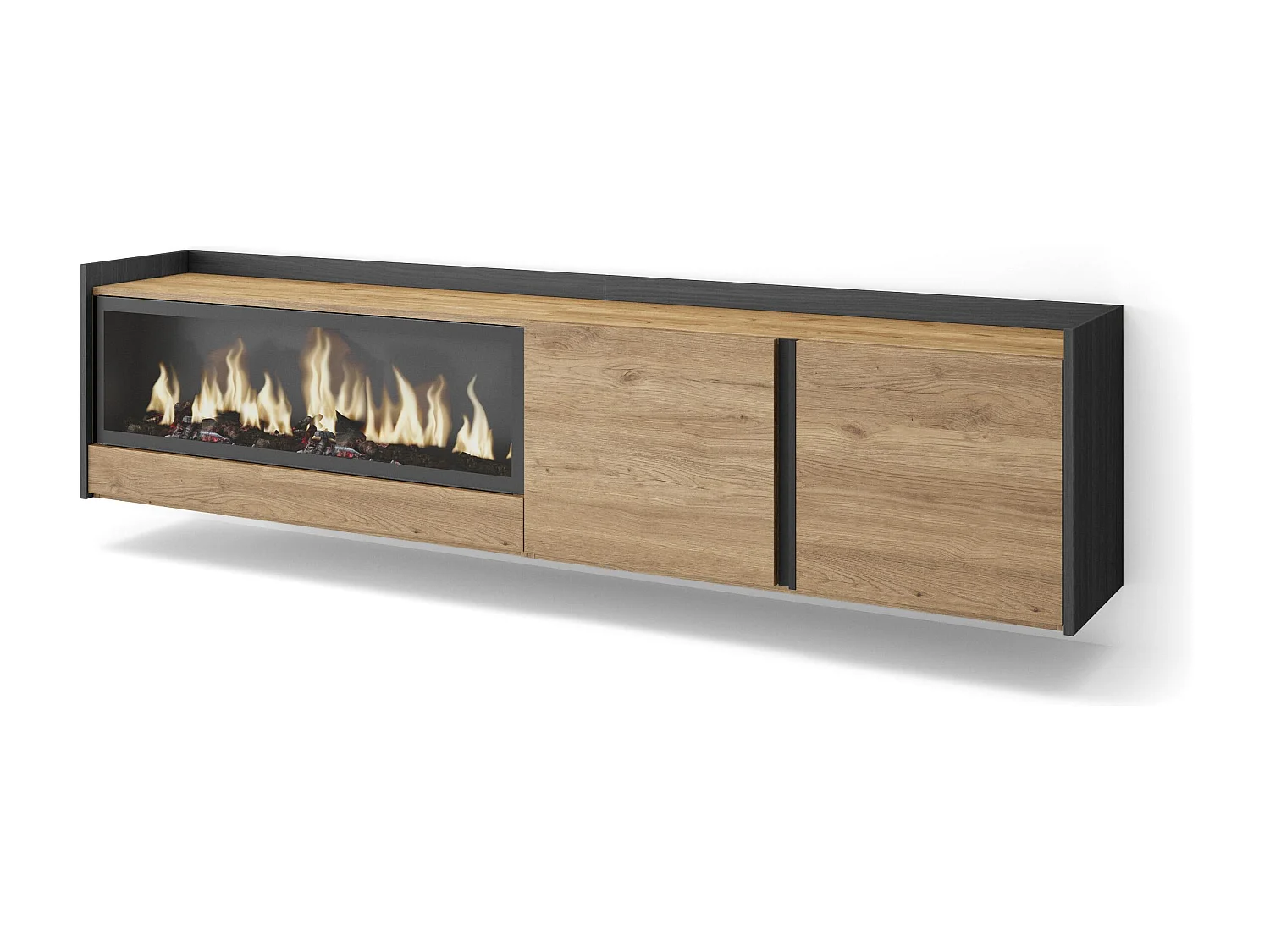 TV-Schrank, Lowboard, 212x50x35 cm, Für TV-Geräte bis zu 80", Elektrokamin XXL, Hängend, Eiche Schwarz