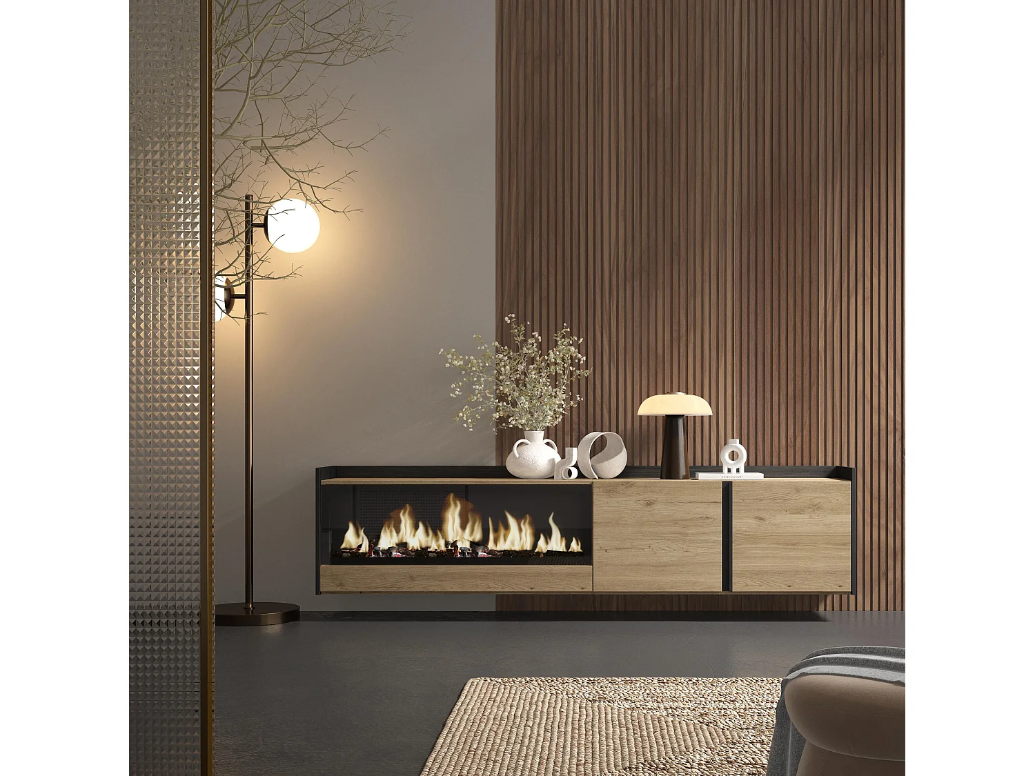 TV-Schrank, Lowboard, 212x50x35 cm, Für TV-Geräte bis zu 80", Elektrokamin XXL, Hängend, Eiche Schwarz