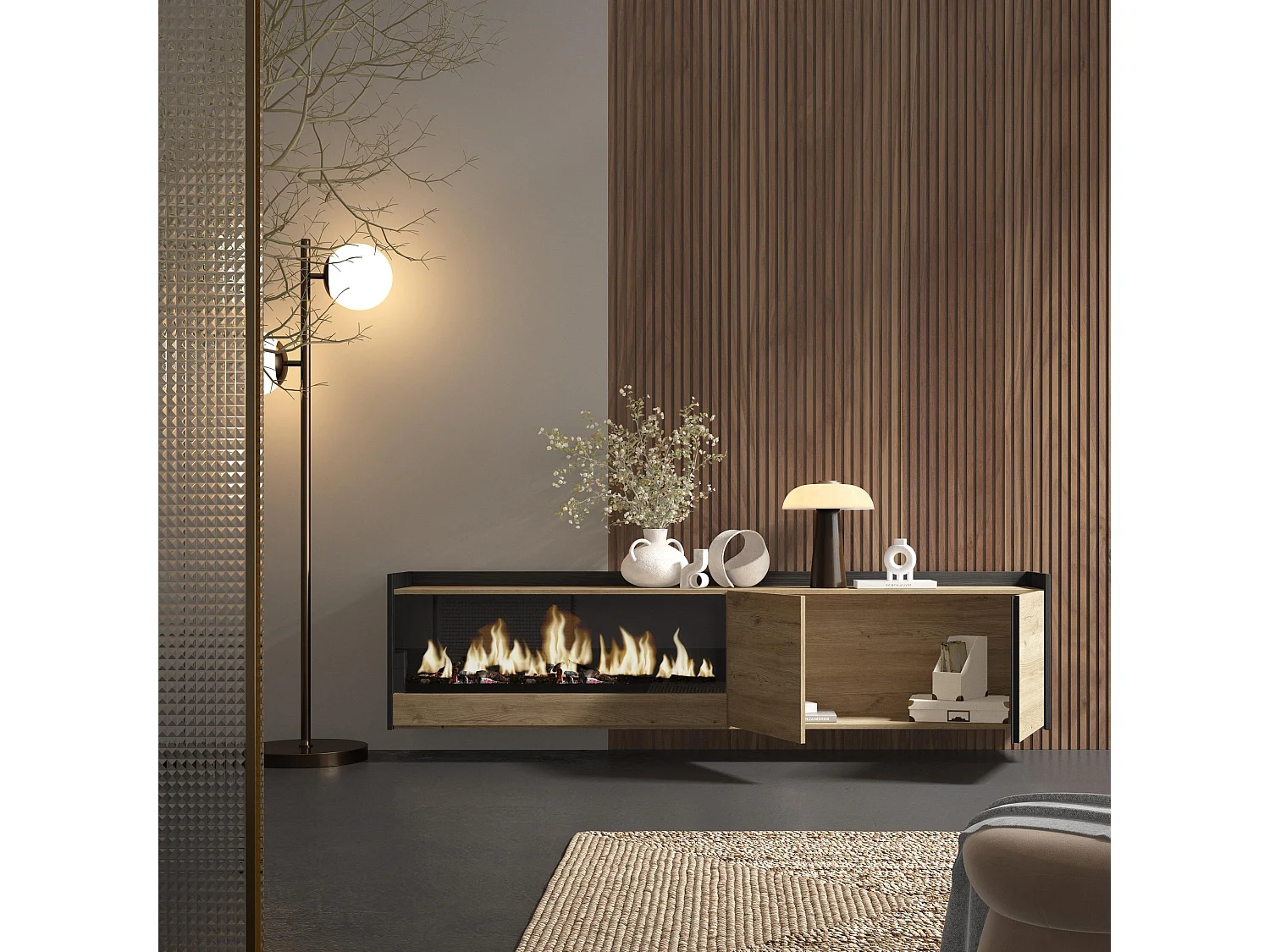 TV-Schrank, Lowboard, 212x50x35 cm, Für TV-Geräte bis zu 80", Elektrokamin XXL, Hängend, Eiche Schwarz