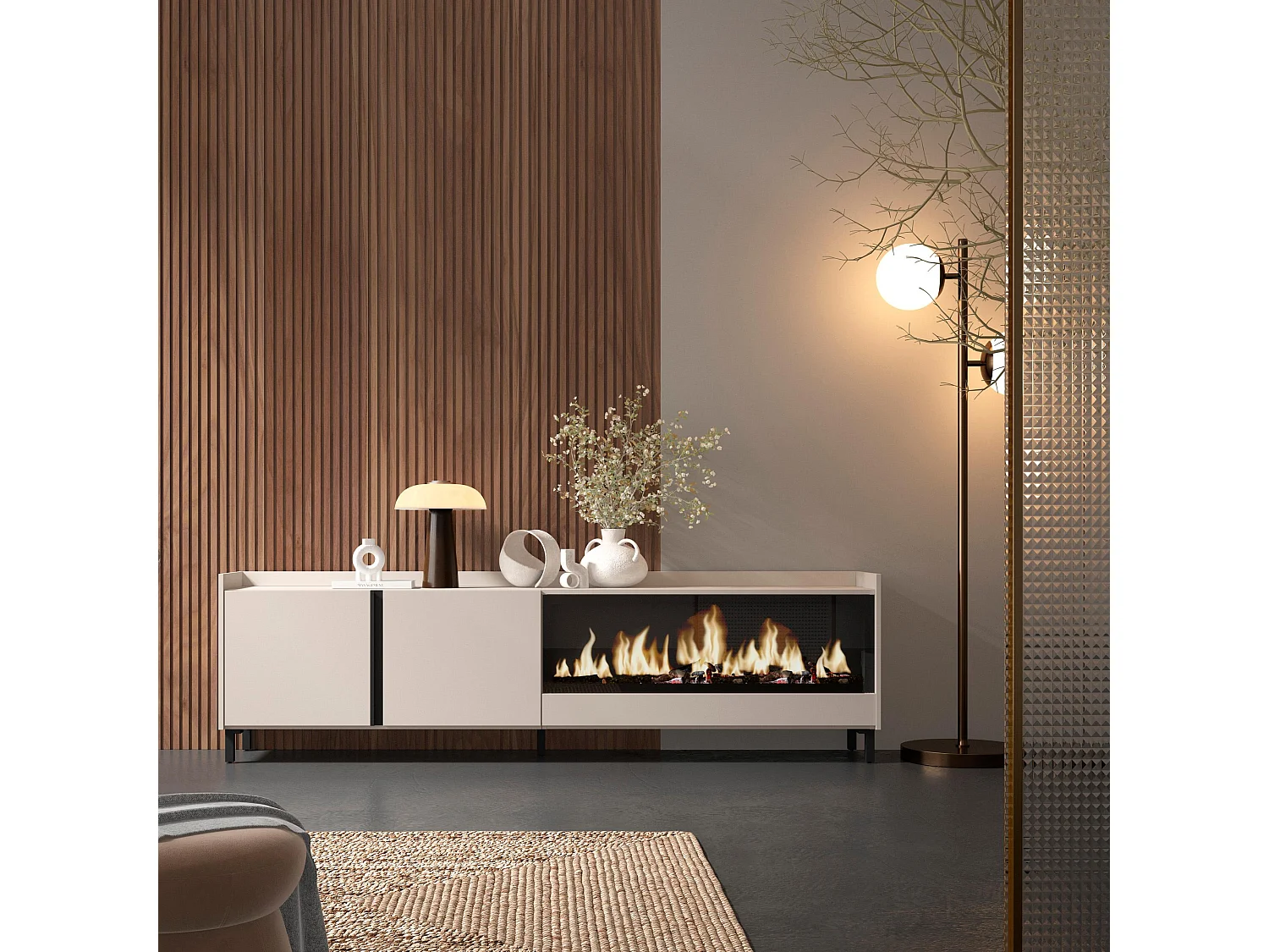 Mueble TV, Televisión, 212x61x35 cm, Para TV hasta 80", Chimenea eléctrica XXL, Diseño industrial, Beige