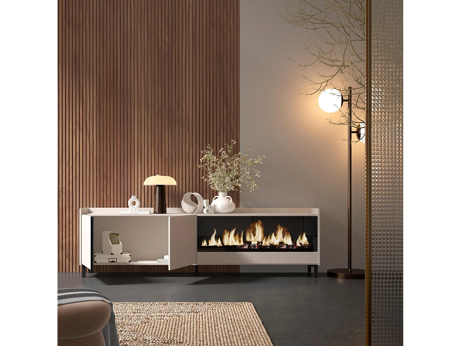 Mueble TV, Televisión, 212x61x35 cm, Para TV hasta 80", Chimenea eléctrica XXL, Diseño industrial, Beige
