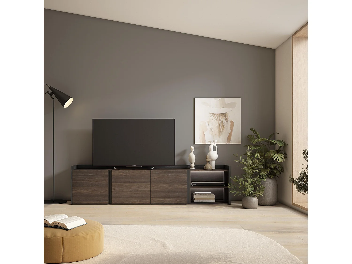 TV-Schrank, Lowboard, 207x50x35 cm, Für TV-Geräte bis zu 80", LED, Dunkler Eiche und Schwarz