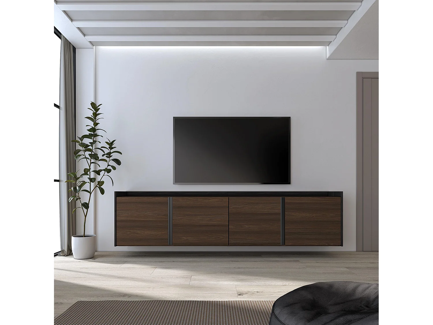 TV-Meubel, Lowboard, 207x50x35 cm, Voor tv's tot 80", Hangend, Donkere eik en Zwart