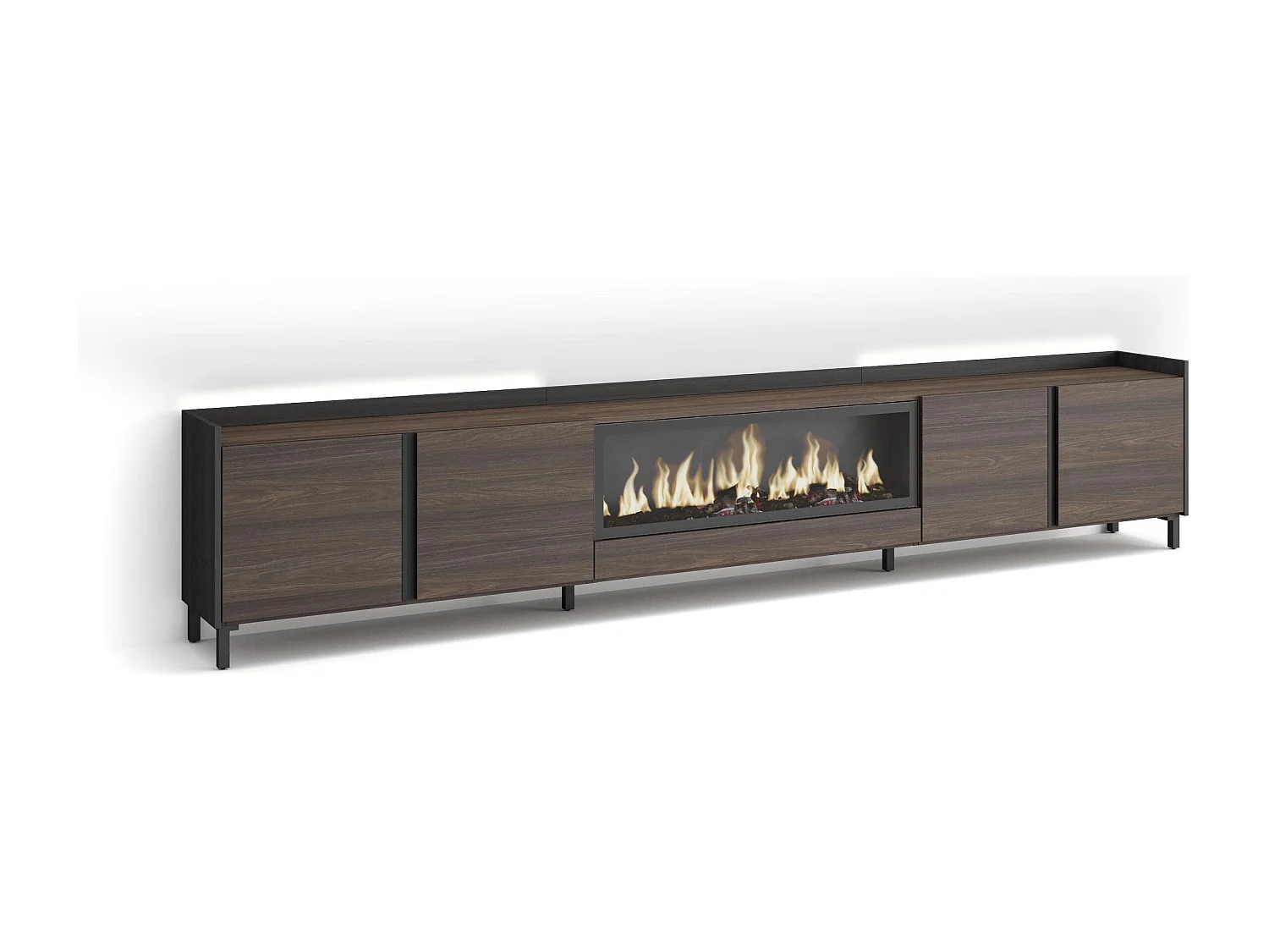 TV-Schrank, Lowboard, 315x61x35 cm, Für TV-Geräte bis zu 80", Elektrokamin XXL, Industriedesign, LED, Dunkler Eiche und Schwarz