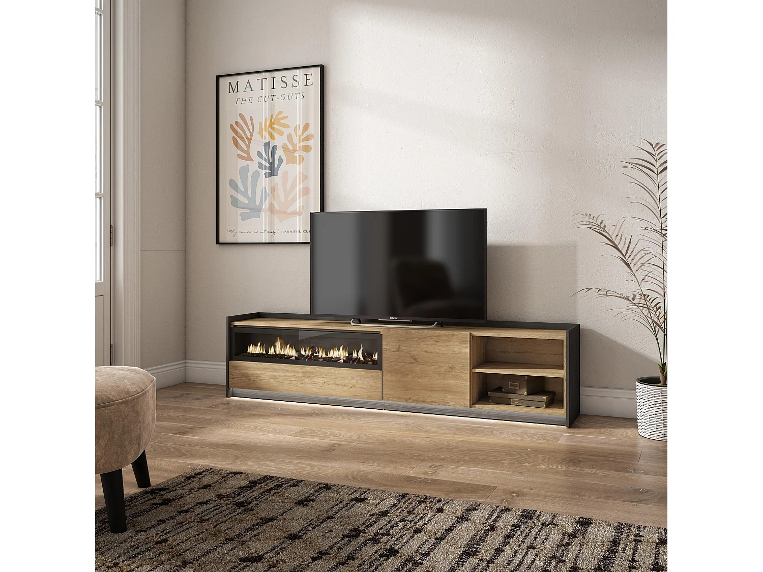 TV-Meubel, Lowboard, 207x50x37 cm, Voor tv's tot 80", Elektrische haard, LED, Eiken/Zwart