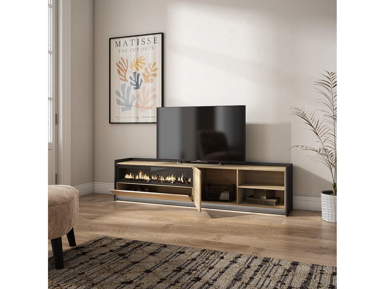 TV-Meubel, Lowboard, 207x50x37 cm, Voor tv's tot 80", Elektrische haard, LED, Eiken/Zwart