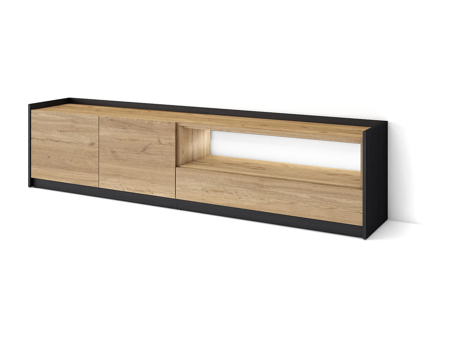 TV-Schrank, Lowboard, 207x50x37 cm, Für TV-Geräte bis zu 80", LED, Eiche Schwarz