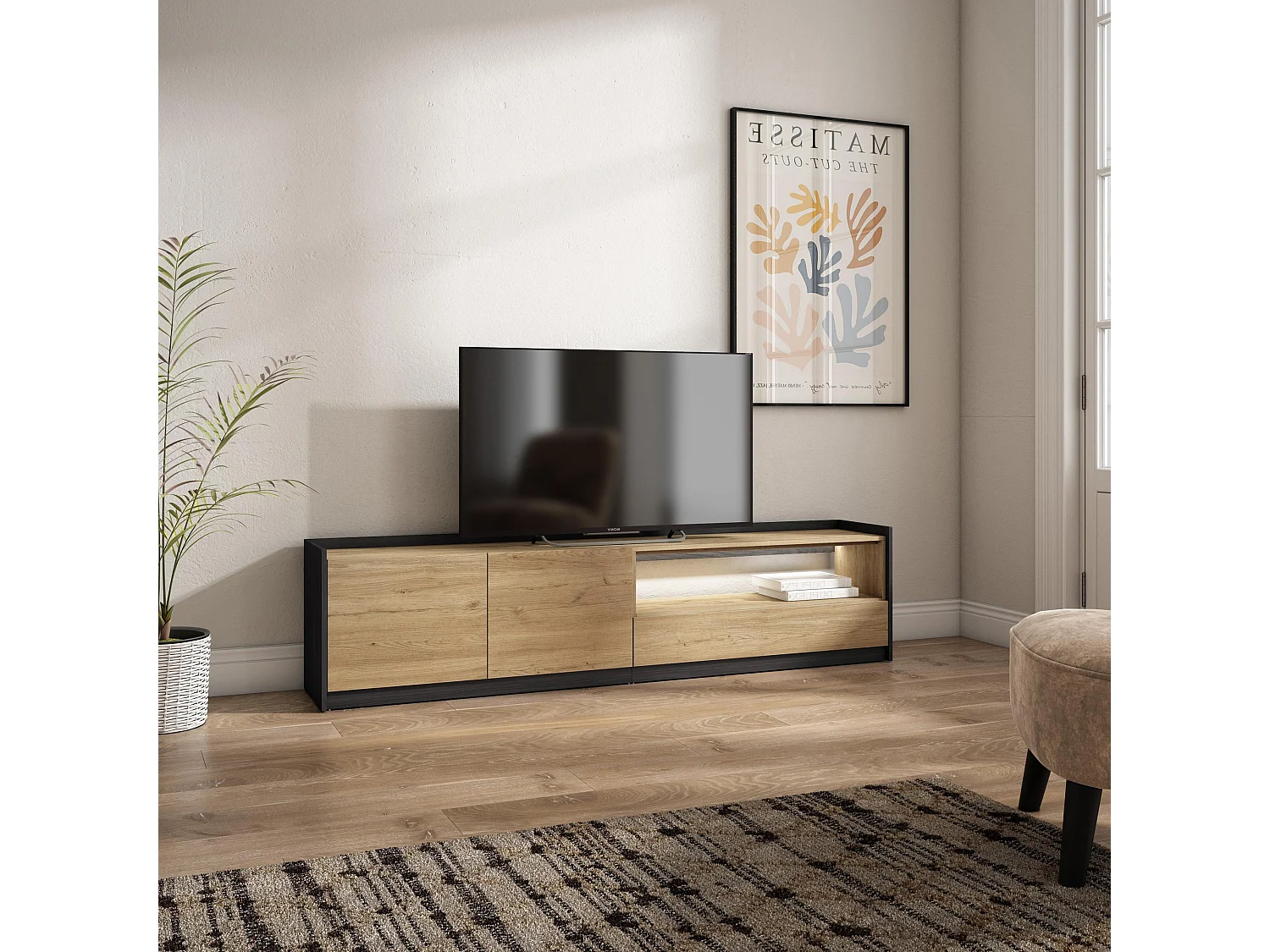 TV-Schrank, Lowboard, 207x50x37 cm, Für TV-Geräte bis zu 80", LED, Eiche Schwarz