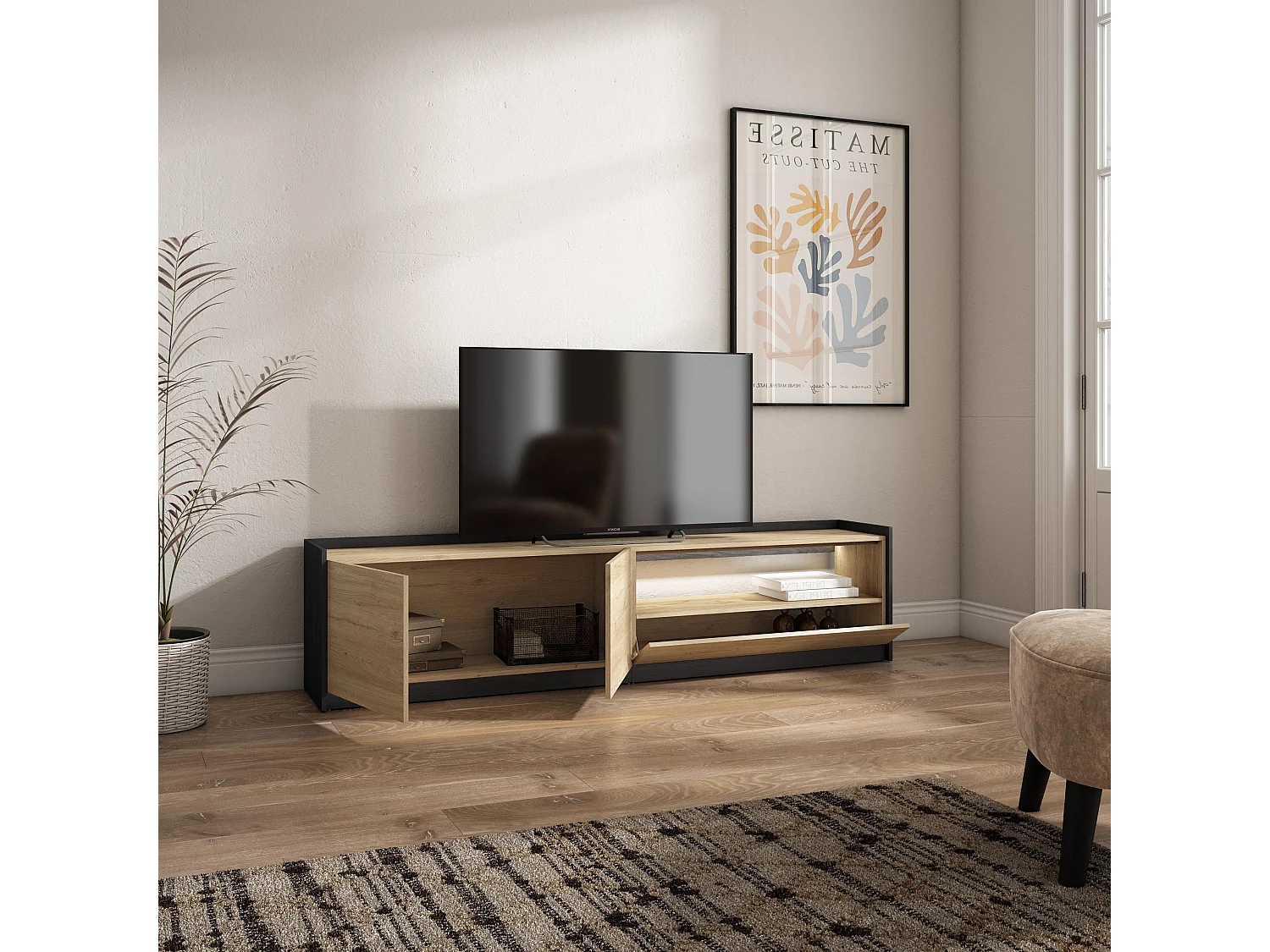 TV-Schrank, Lowboard, 207x50x37 cm, Für TV-Geräte bis zu 80", LED, Eiche Schwarz