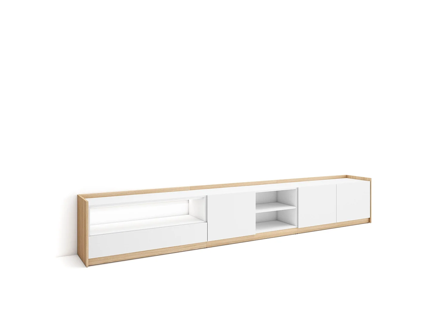 TV-Schrank, Lowboard, 310x50x37 cm, Für TV-Geräte bis zu 80", LED, Weiß und Eiche Soft