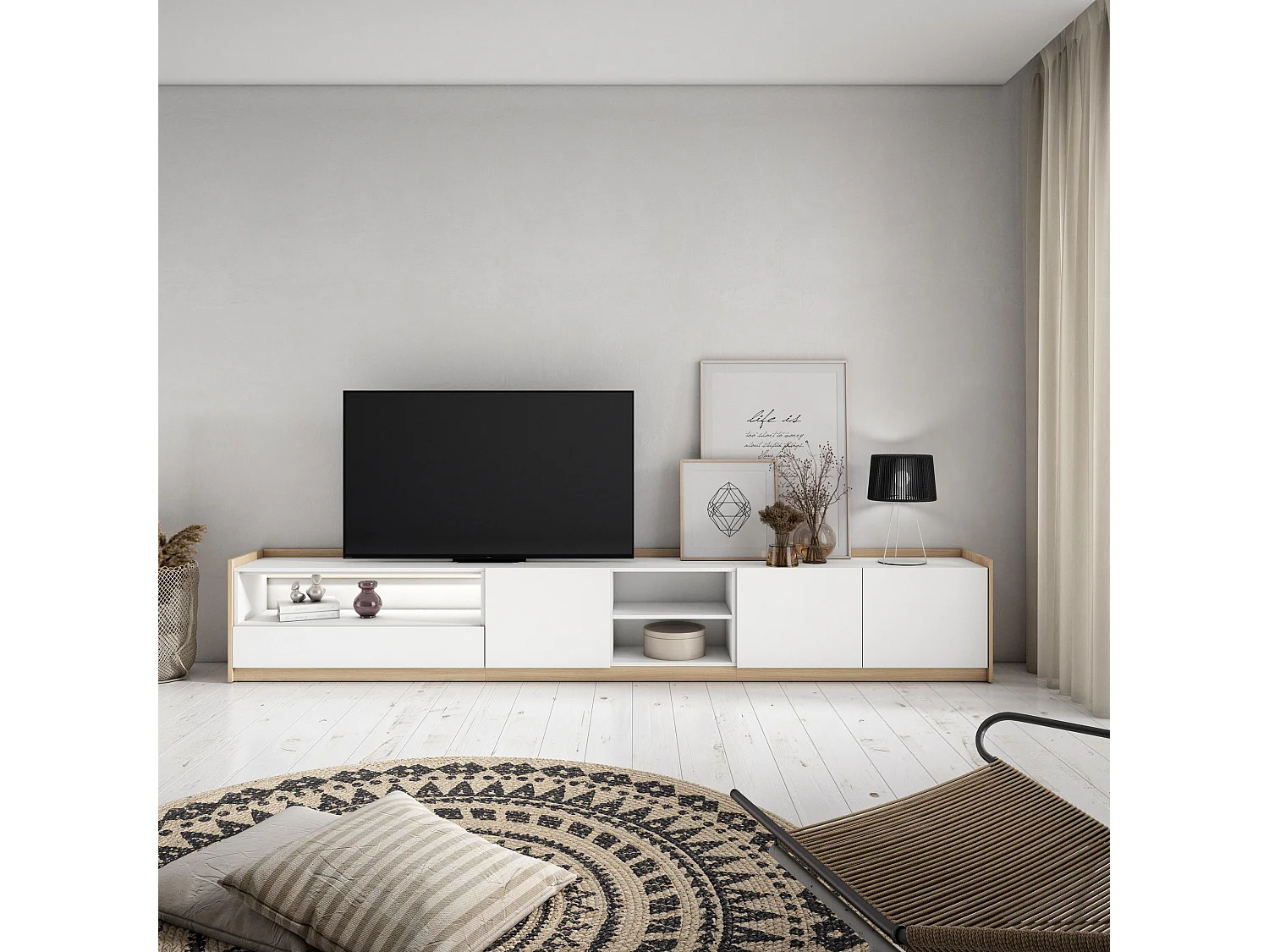 TV-Schrank, Lowboard, 310x50x37 cm, Für TV-Geräte bis zu 80", LED, Weiß und Eiche Soft