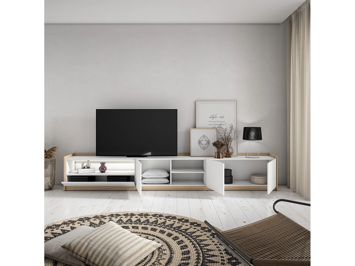 TV-Schrank, Lowboard, 310x50x37 cm, Für TV-Geräte bis zu 80", LED, Weiß und Eiche Soft