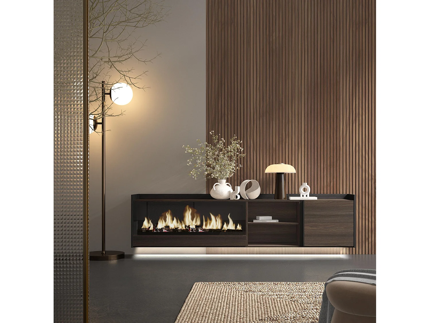 TV-Schrank, Lowboard, 212x50x35 cm, Für TV-Geräte bis zu 80", Elektrokamin XXL, Hängend, LED, Dunkler Eiche und Schwarz