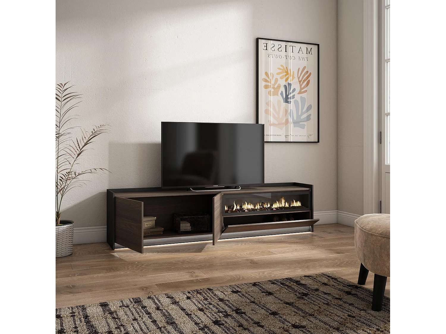 TV-Schrank, Lowboard, 207x50x37 cm, Für TV-Geräte bis zu 80", Elektrokamin., LED, Dunkler Eiche und Schwarz