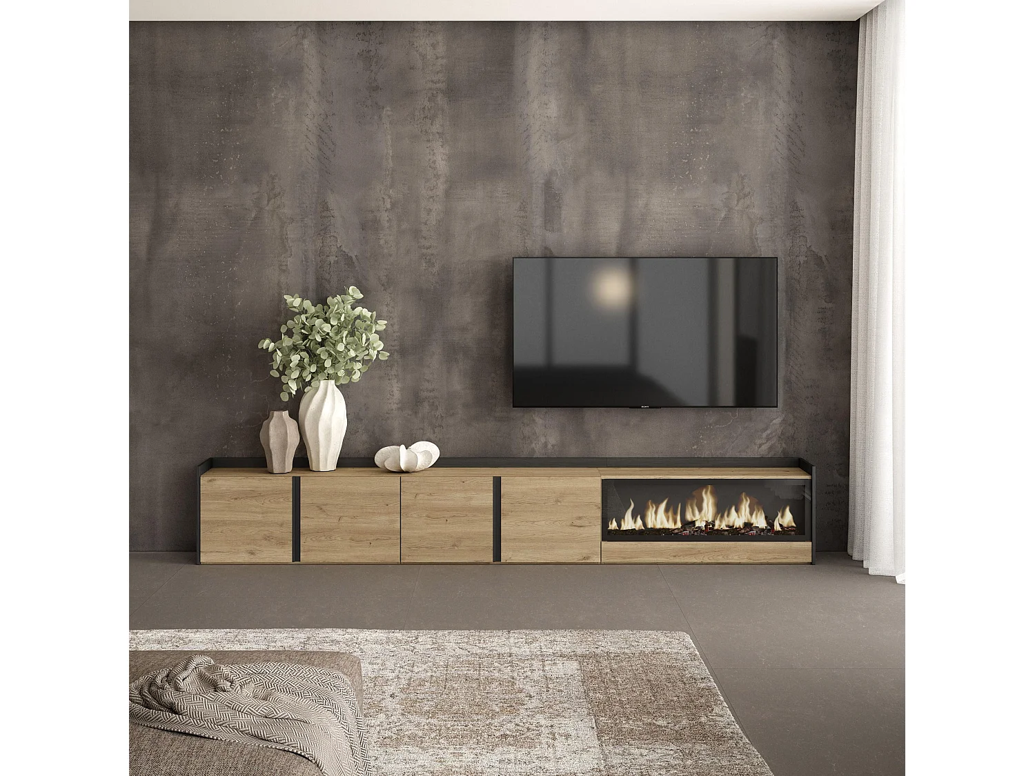 Móvel de TV, 315x50x35 cm, Para televisores até 80", Lareira eléctrica XXL, Carvalho e preto