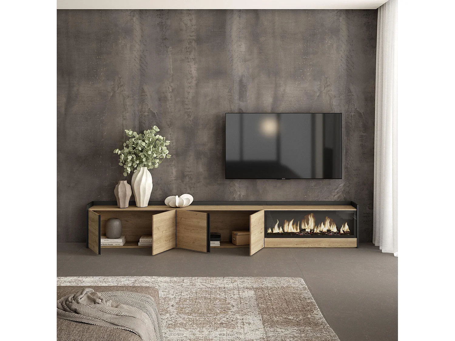 Móvel de TV, 315x50x35 cm, Para televisores até 80", Lareira eléctrica XXL, Carvalho e preto