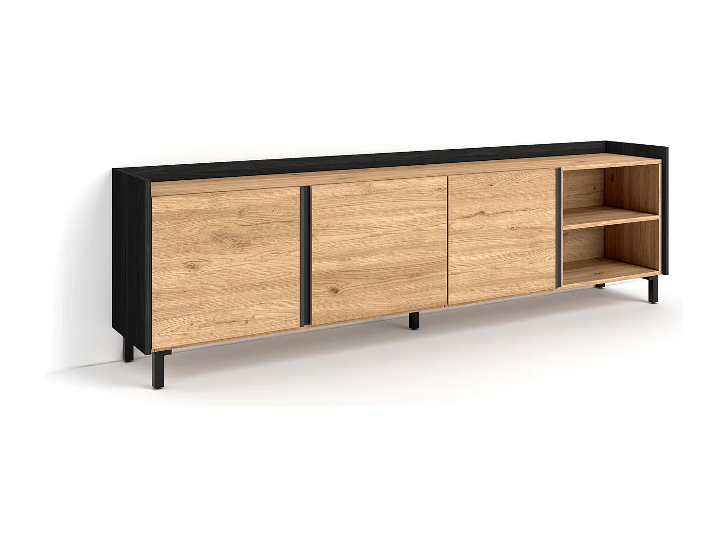 Mueble TV, Televisión, 207x61x35 cm, Para TV hasta 80", Diseño industrial, Roble y negro